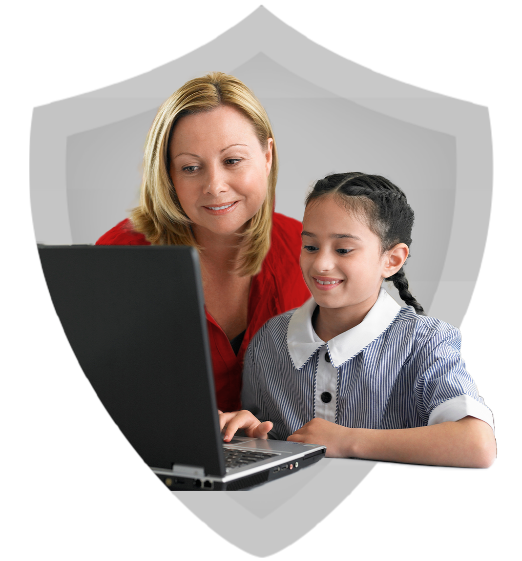 Teacher and child look at a computer